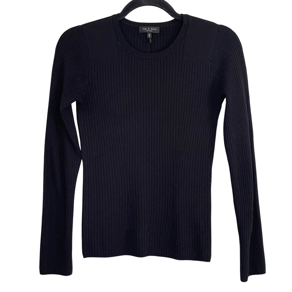 Rag & Bone Black Ribbed Wool Blend Crew Neck Sweater XS Long Sleeve Slim Fit